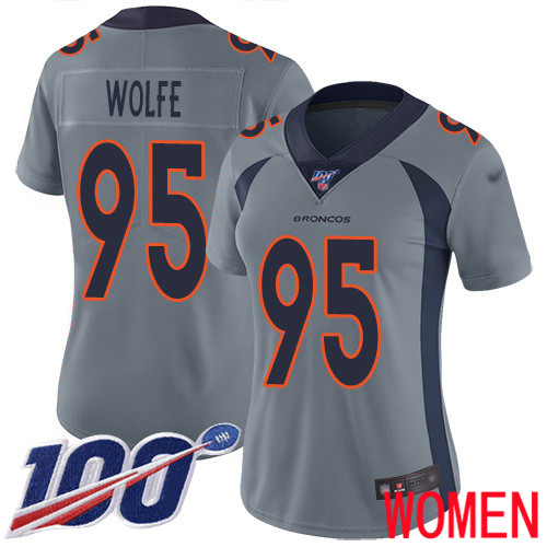 Women Denver Broncos #95 Derek Wolfe Limited Silver Inverted Legend 100th Season Football NFL Jersey->women nfl jersey->Women Jersey